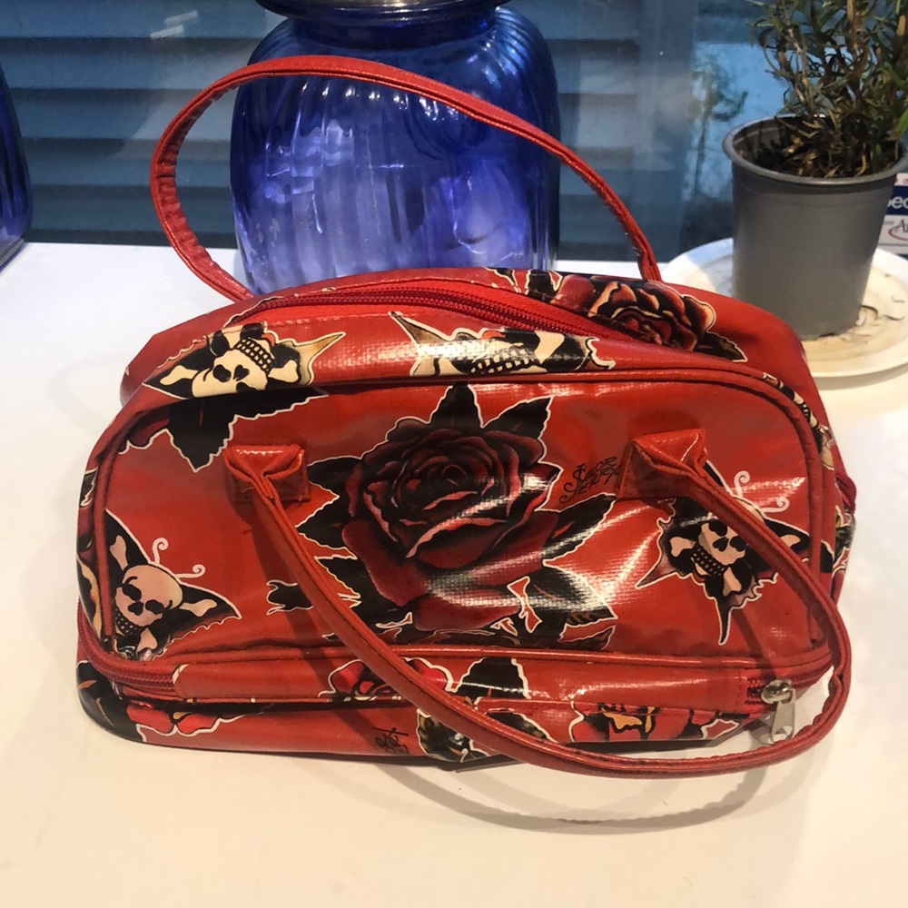 Sailor Jerry women’s handbag 10 x 6 x5 Red with red flowers and skulls